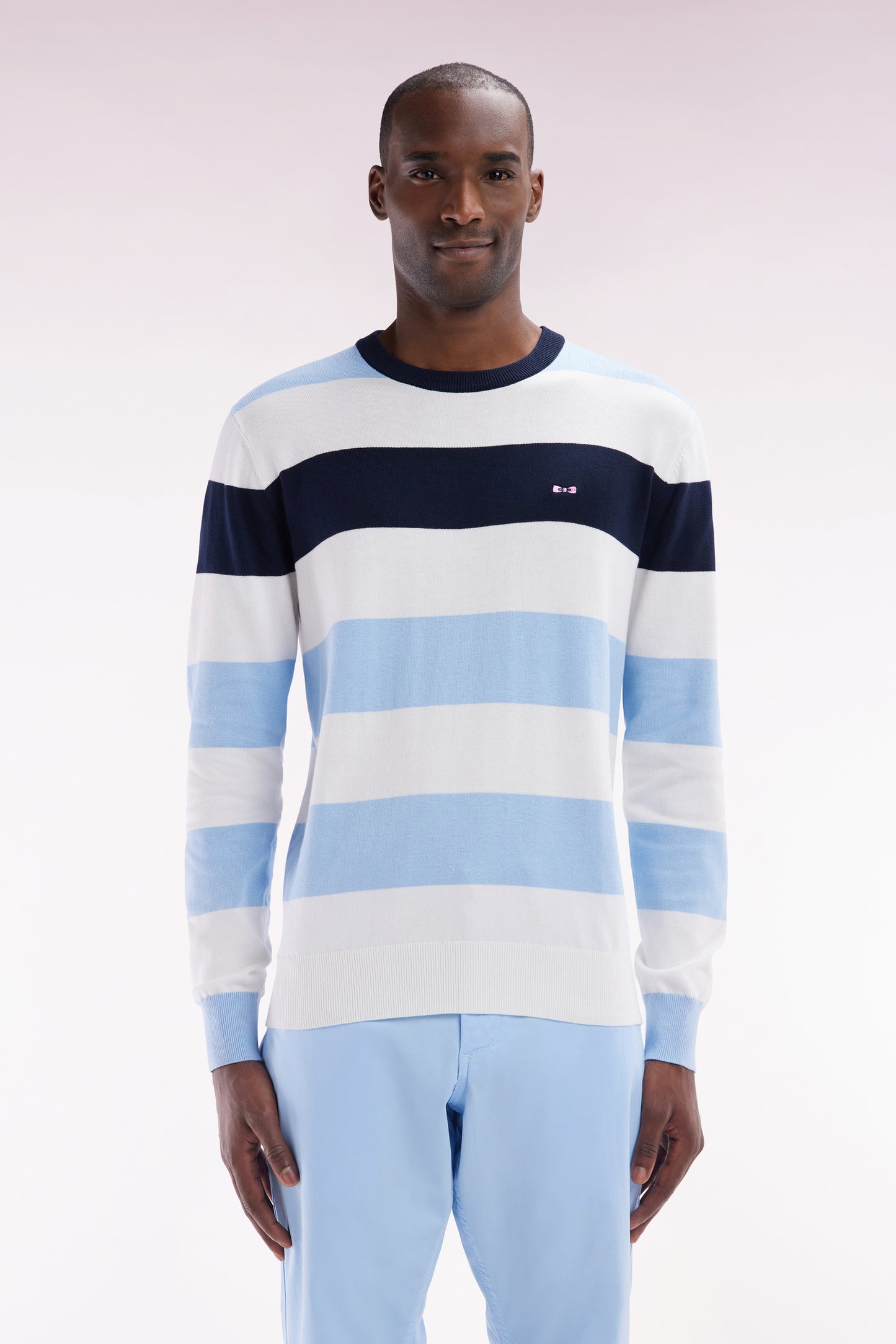 Round collar striped jumper in sky blue and white cotton