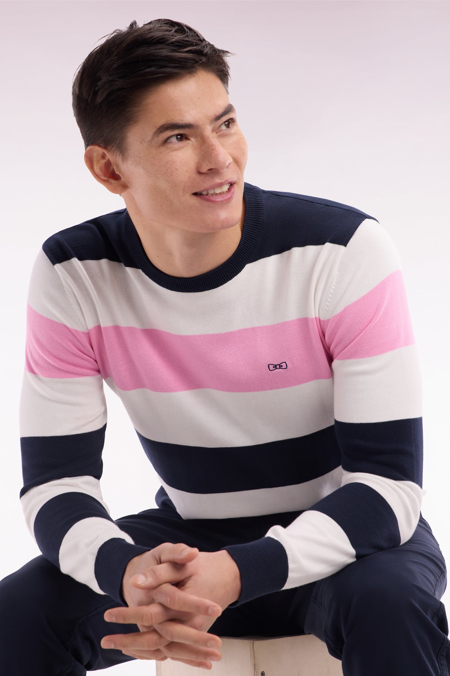 Round collar striped jumper in navy and white cotton