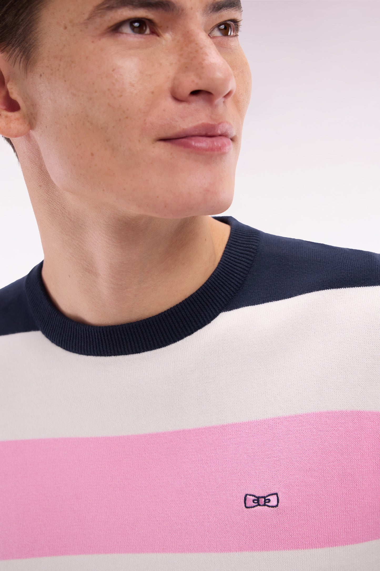 Round collar striped jumper in navy and white cotton