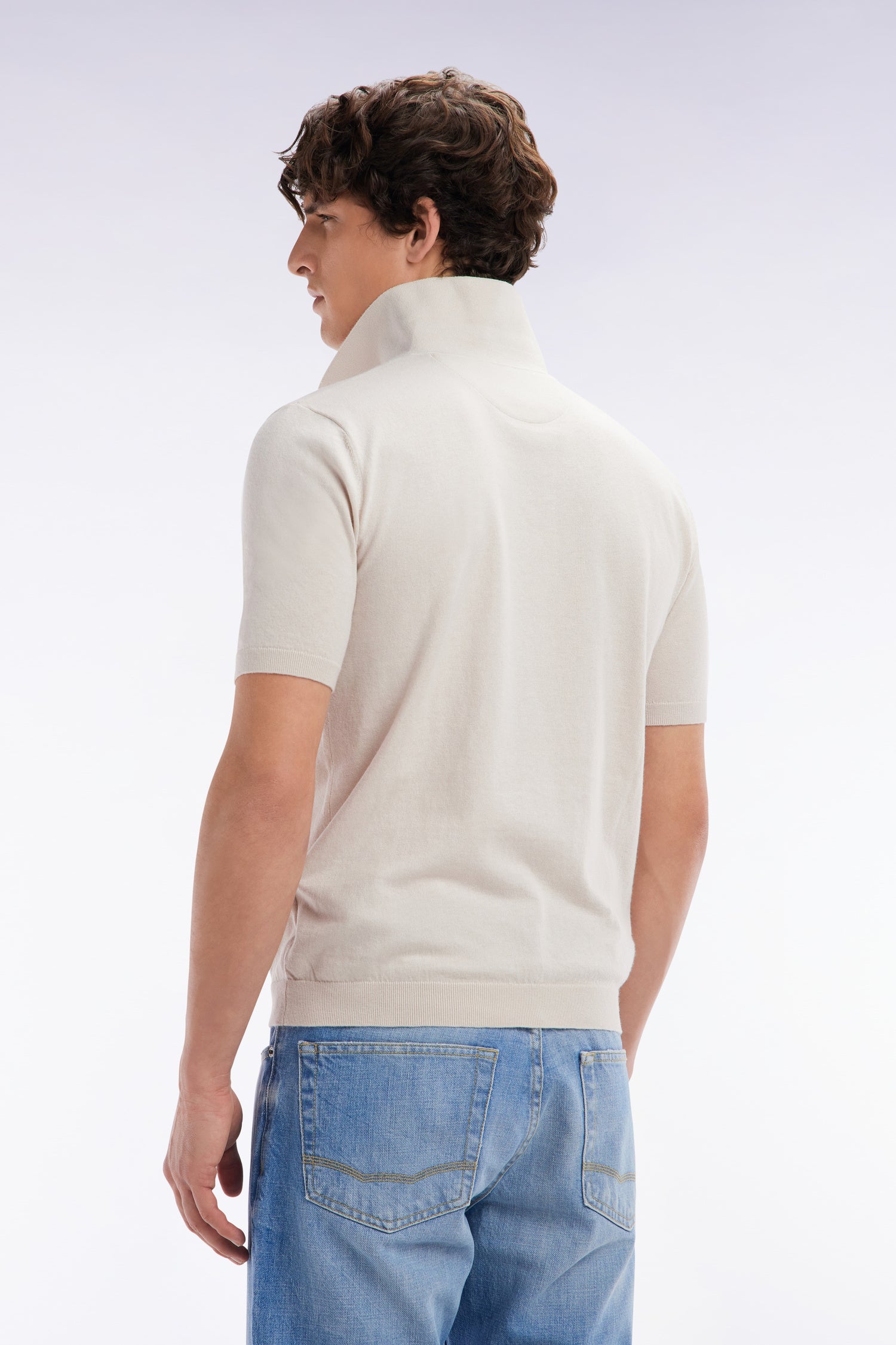 Pull col polo en coton et soie mélangés beige coupe droite