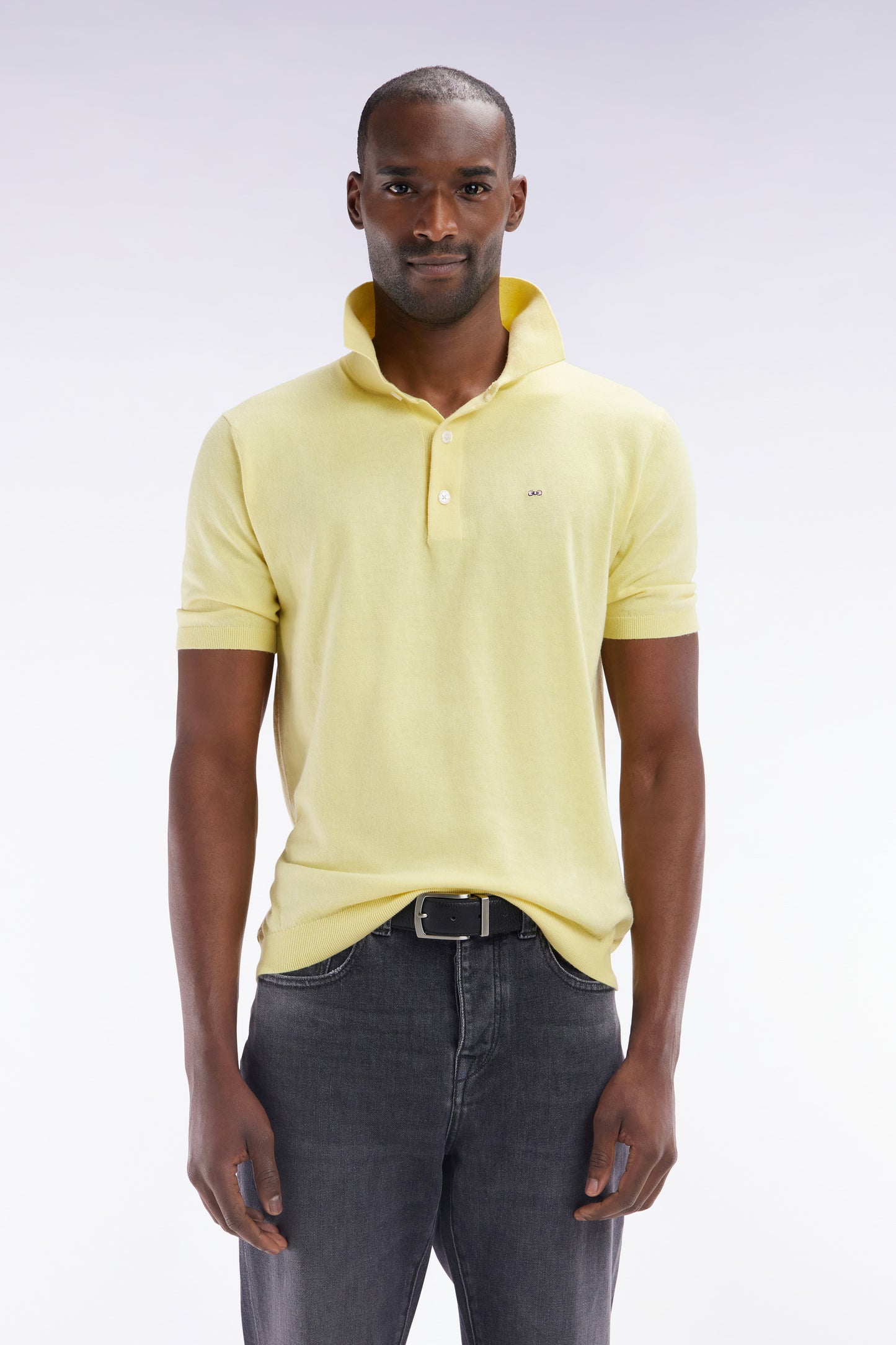 Yellow cotton and silk blend polo-neck sweater, straight cut
