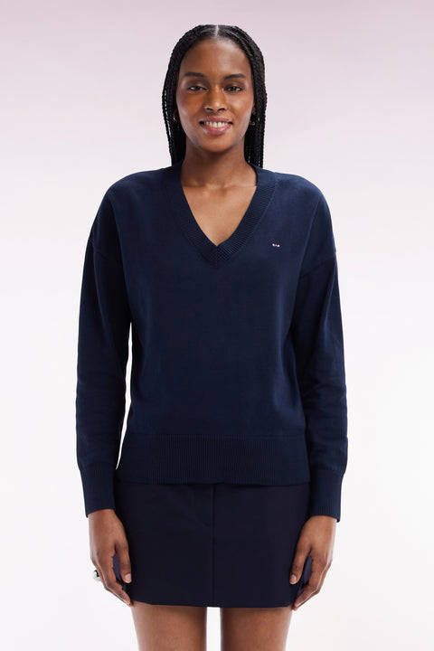 Relaxed-fit navy cotton V-neck jumper - Image 3