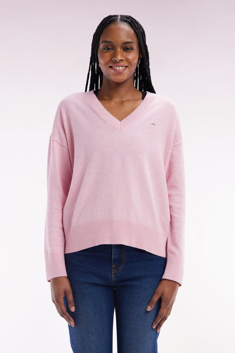 Relaxed-fit pink cotton V-neck jumper - Image 3