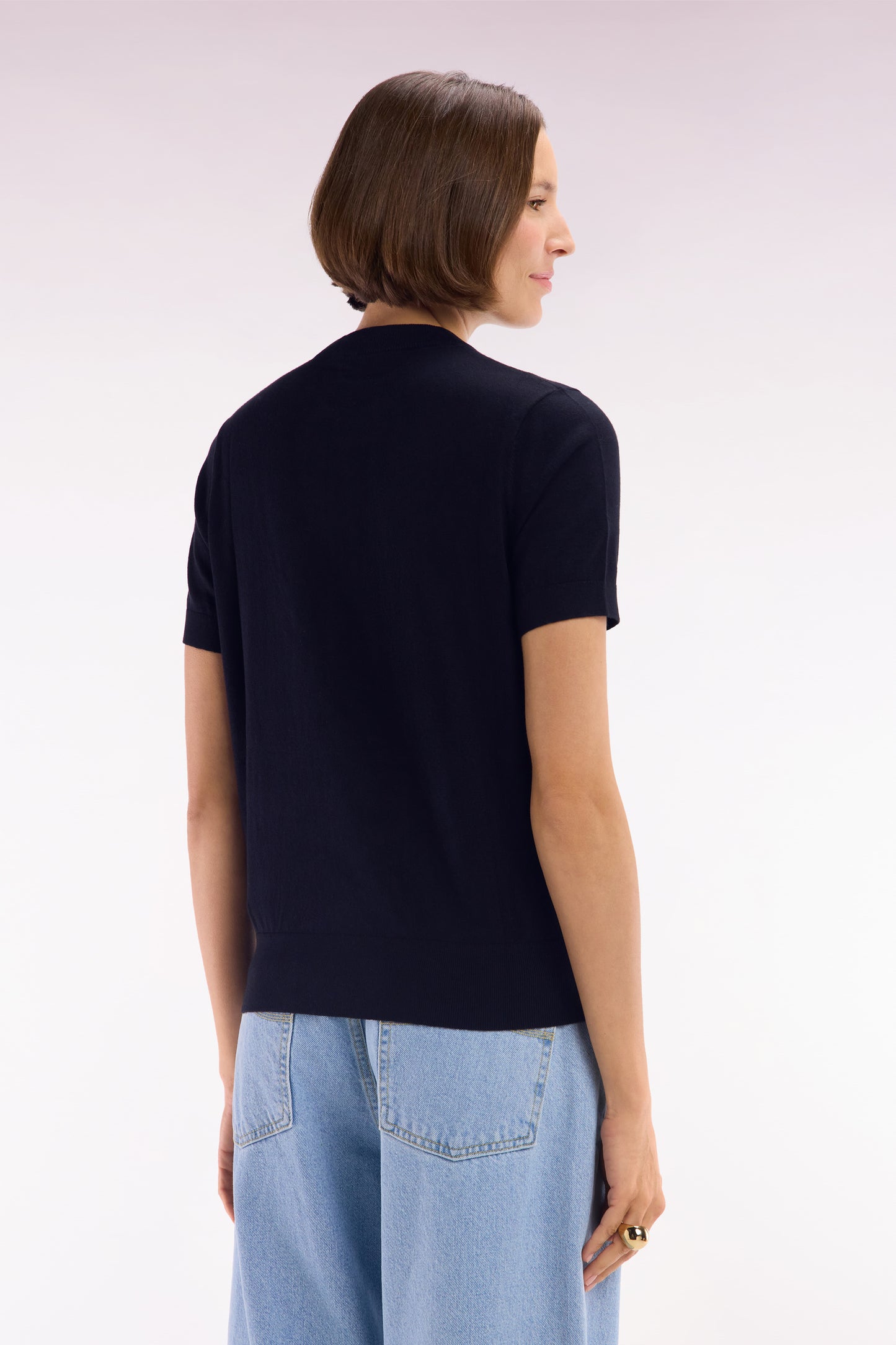 Straight-fit short-sleeved round-neck navy jumper in organic cotton cashmere blend