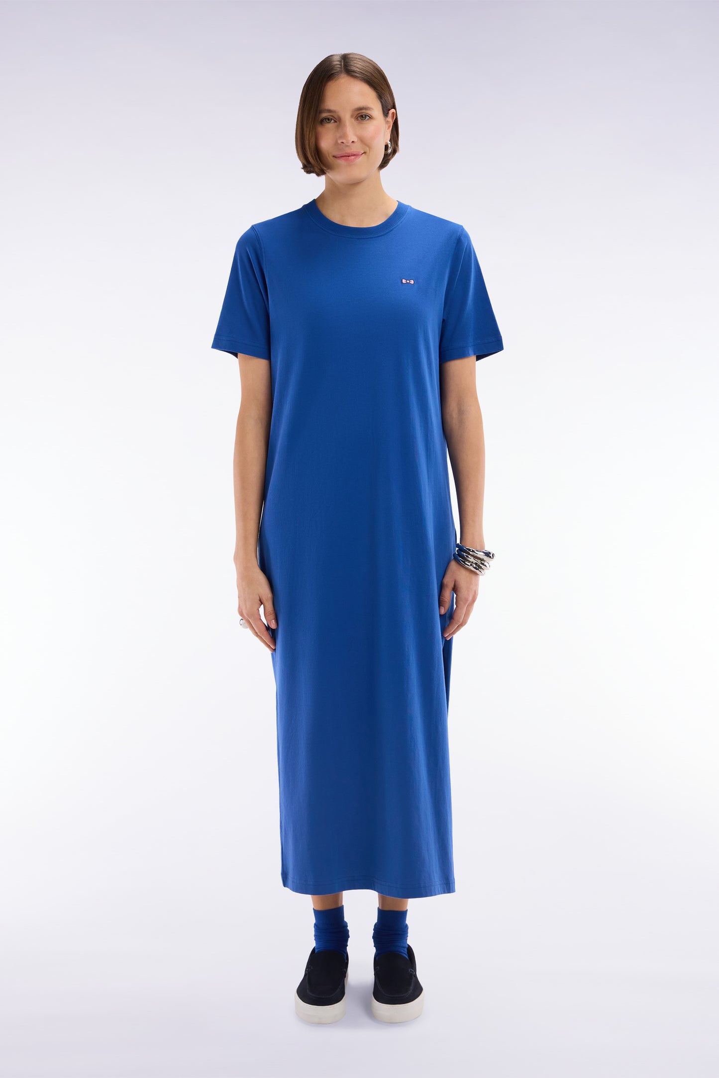 Blue Pima cotton T-shirt dress, straight cut