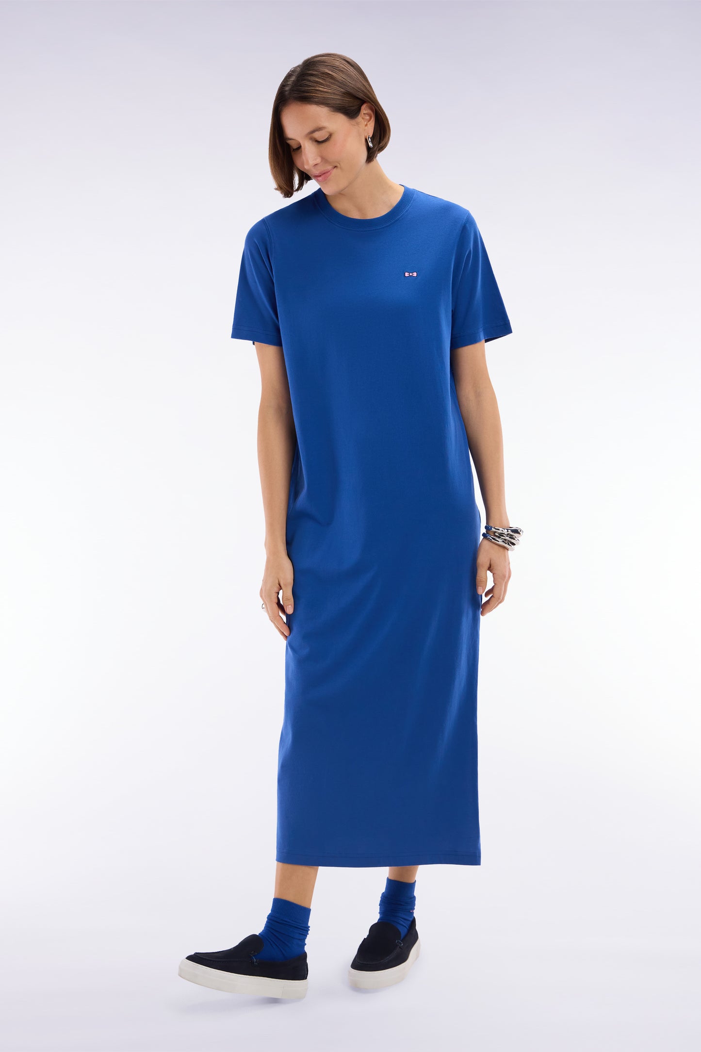Blue Pima cotton T-shirt dress, straight cut