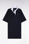 Navy Pima cotton jersey dress with white collar, relaxed fit