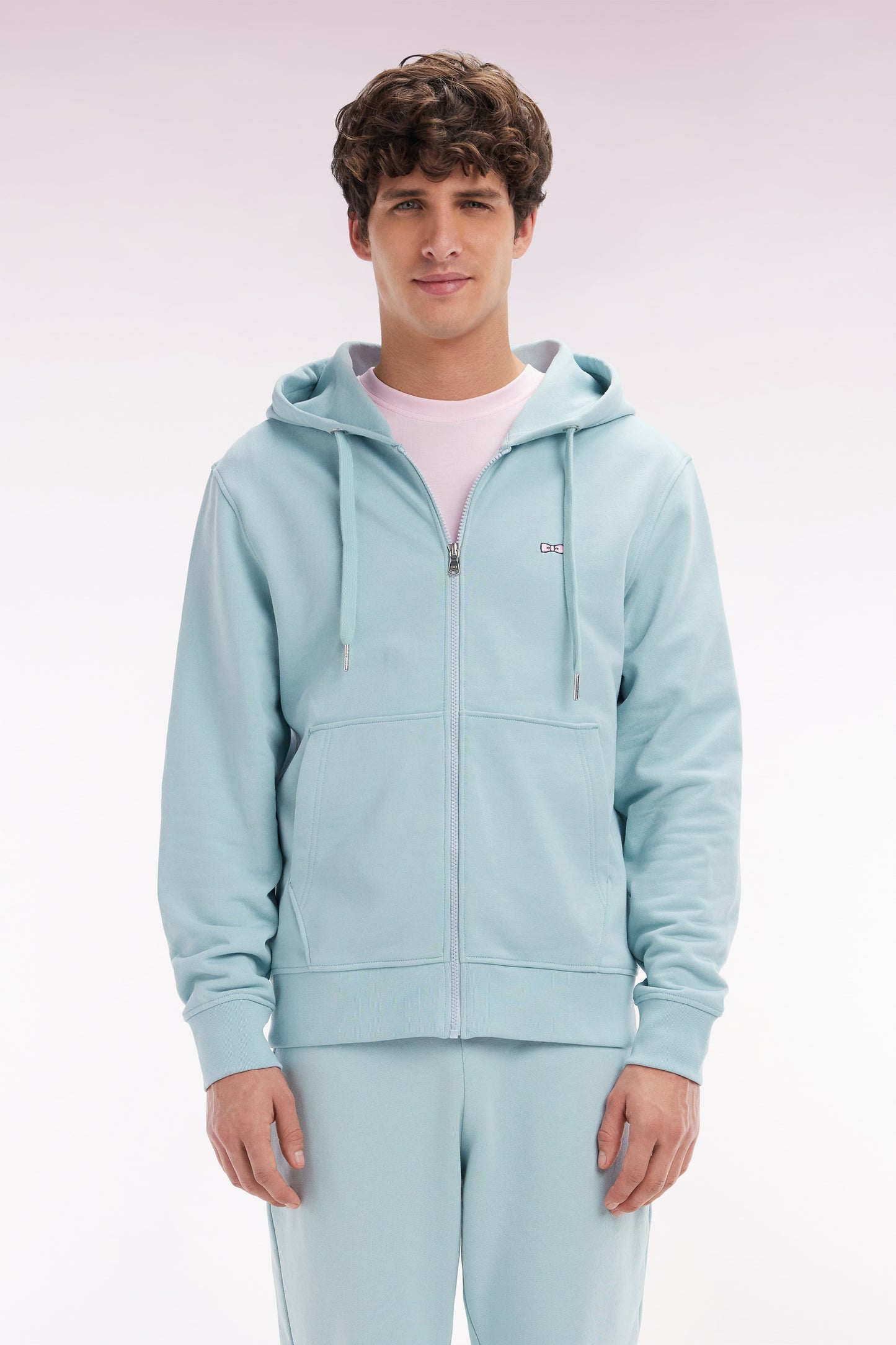 Sweatshirt zippé en molleton coton vert d'eau coupe droite