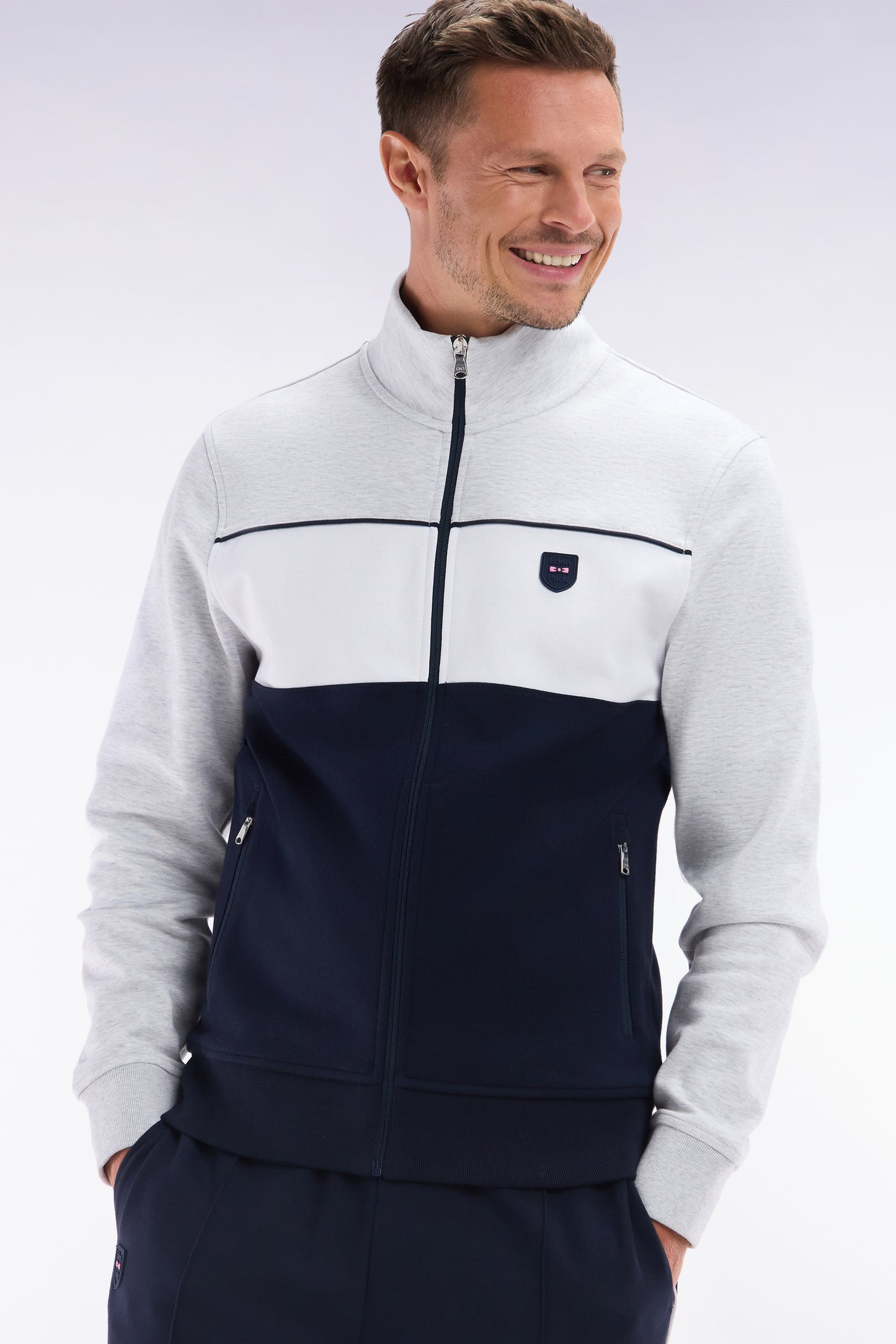 Straight-fit zip-up sweatshirt in grey cotton interlock