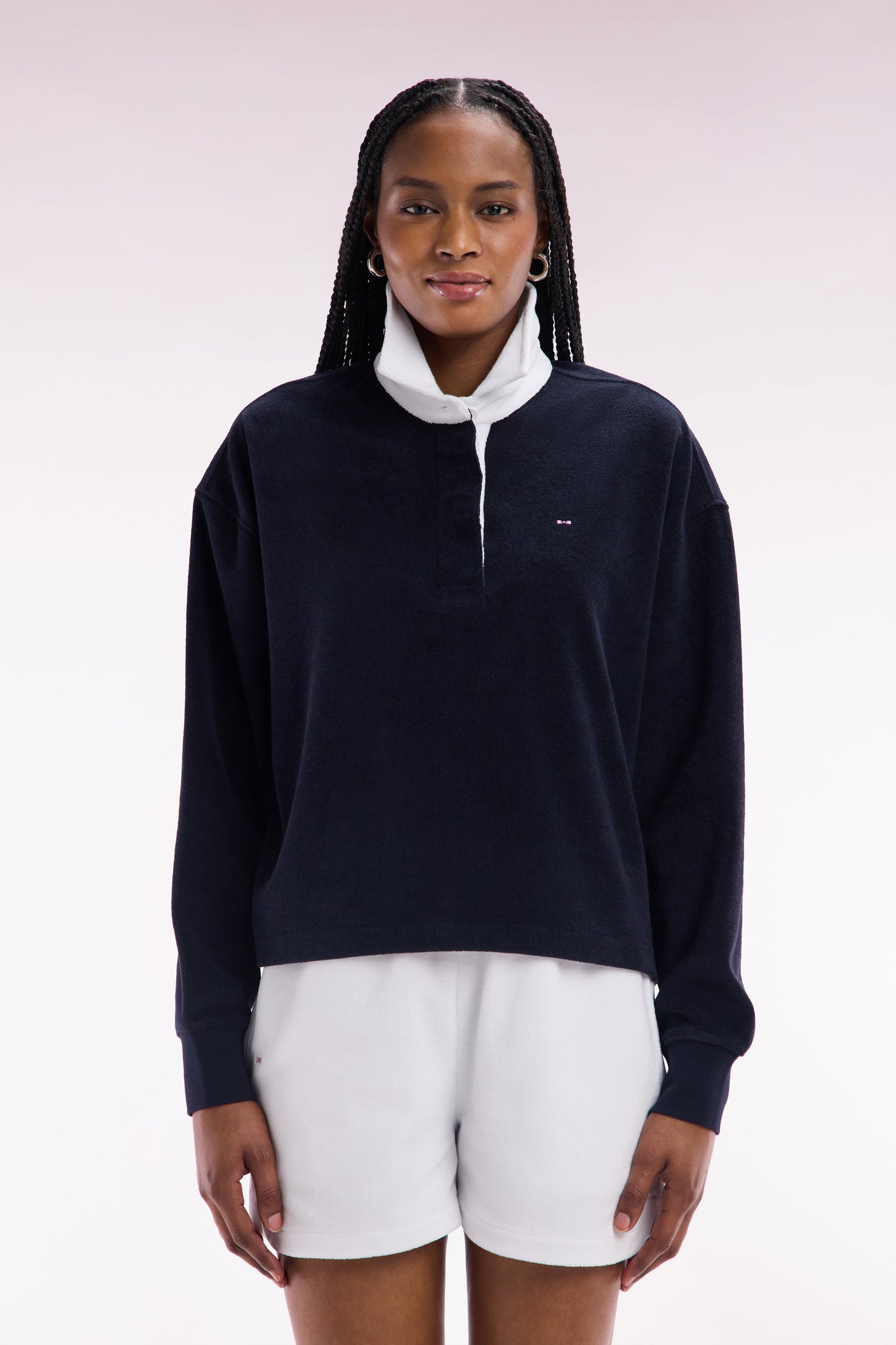 Navy cotton sweatshirt with navy rugby shirt collar