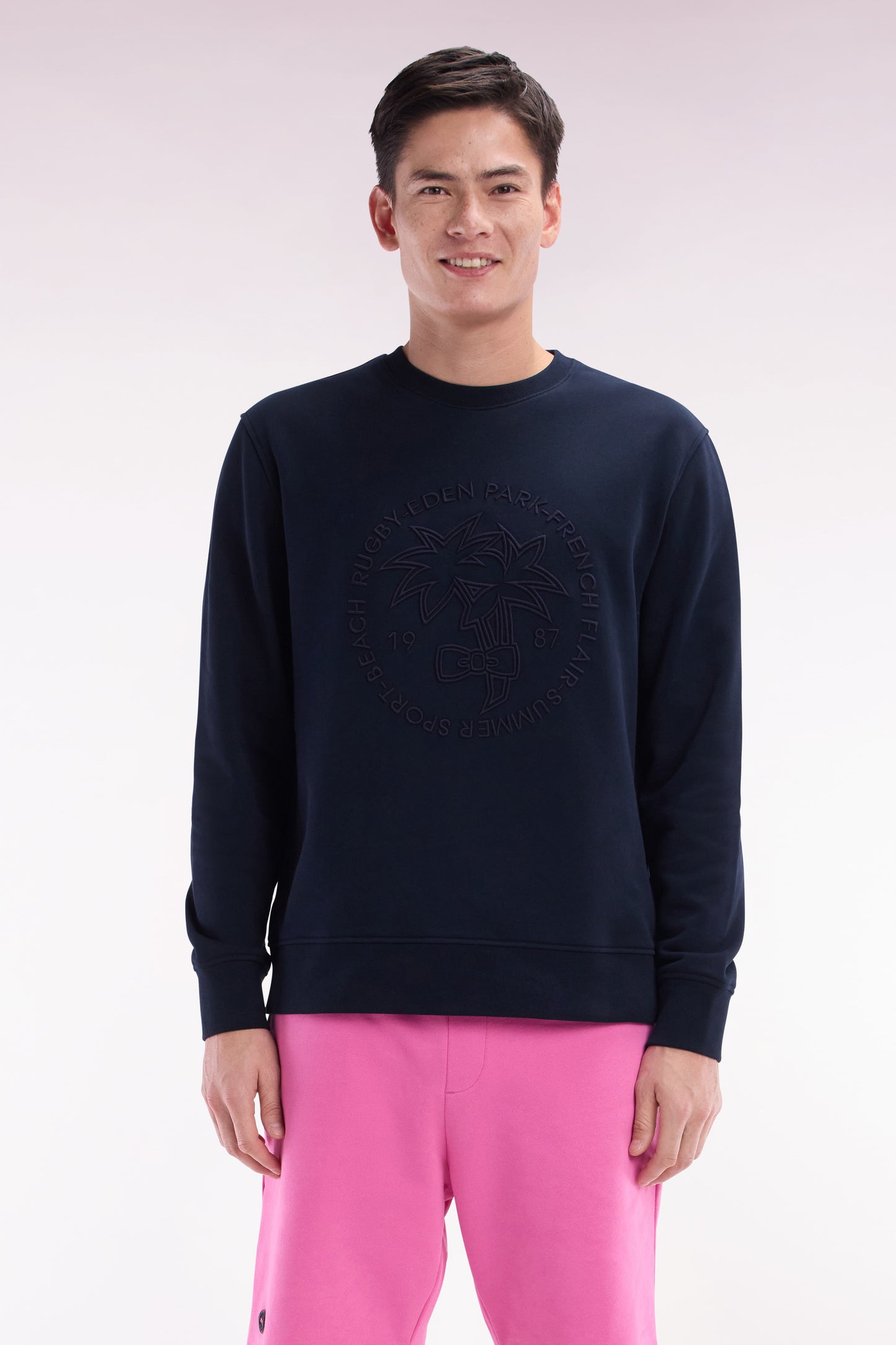 Sweatshirt en molleton coton marine broderie palmier ton sur ton coupe décontractée