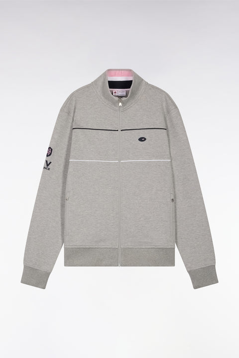Straight-fit zip-up sweatshirt in grey stretch cotton with contrasting piping - Image 1