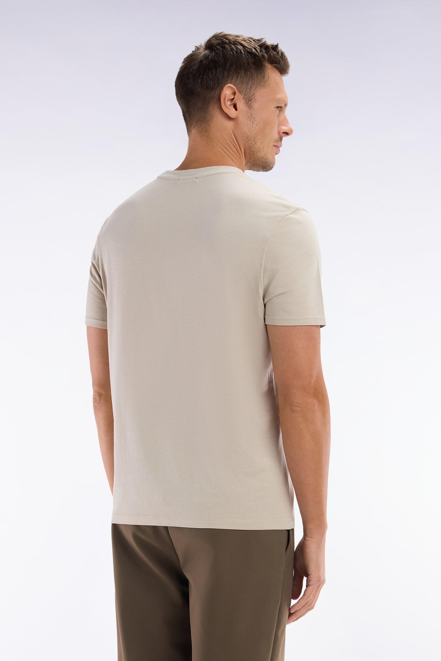 T-shirt beige uni en lyocell et coton coupe droite