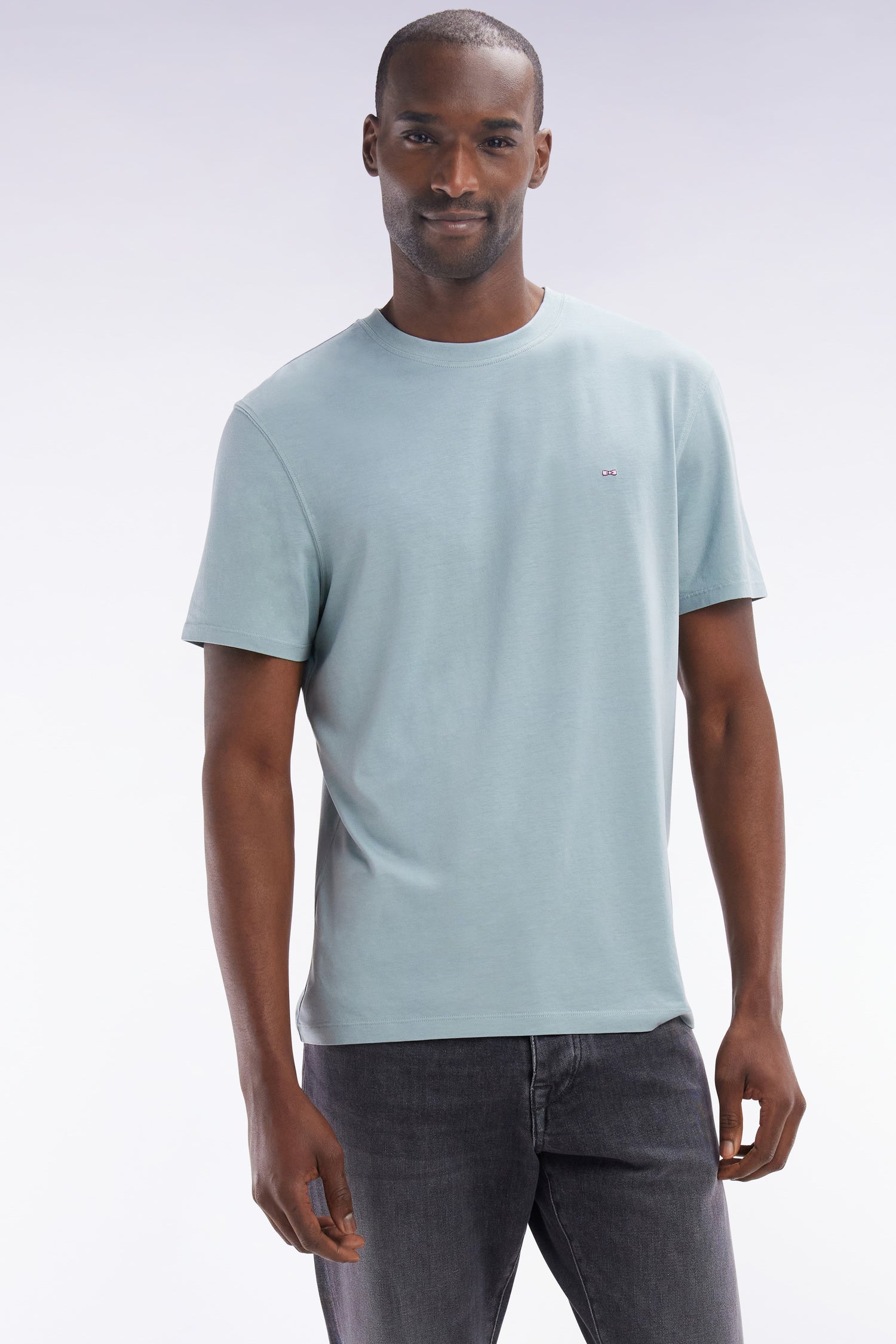 T-shirt vert d'eau uni en lyocell et coton coupe droite