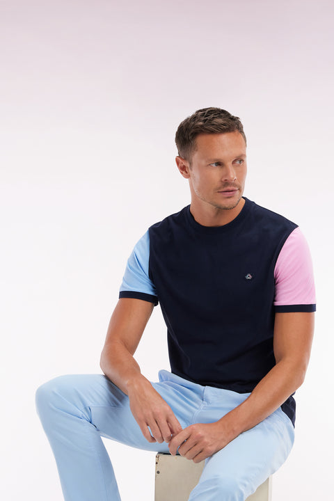 Straight-fit navy cotton embroidered colorblock t-shirt - Image 3