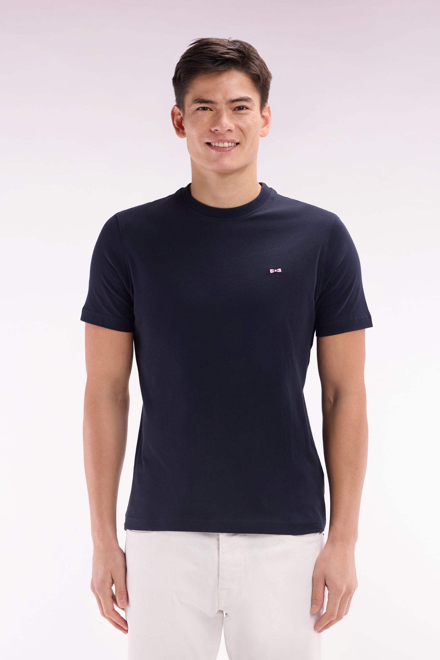 T-shirt en coton marine broderie dos cerclée coupe droite