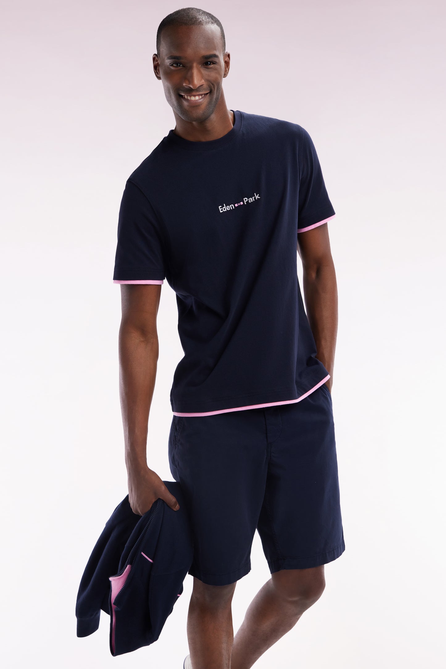 Straight-fit embroidered navy cotton T-shirt with a layering effect