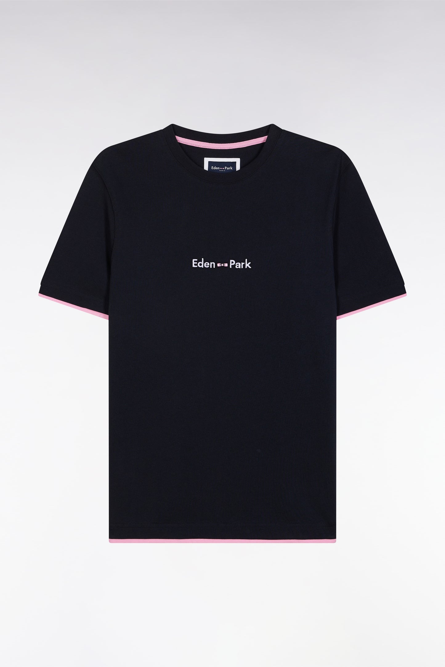 Straight-fit embroidered navy cotton T-shirt with a layering effect