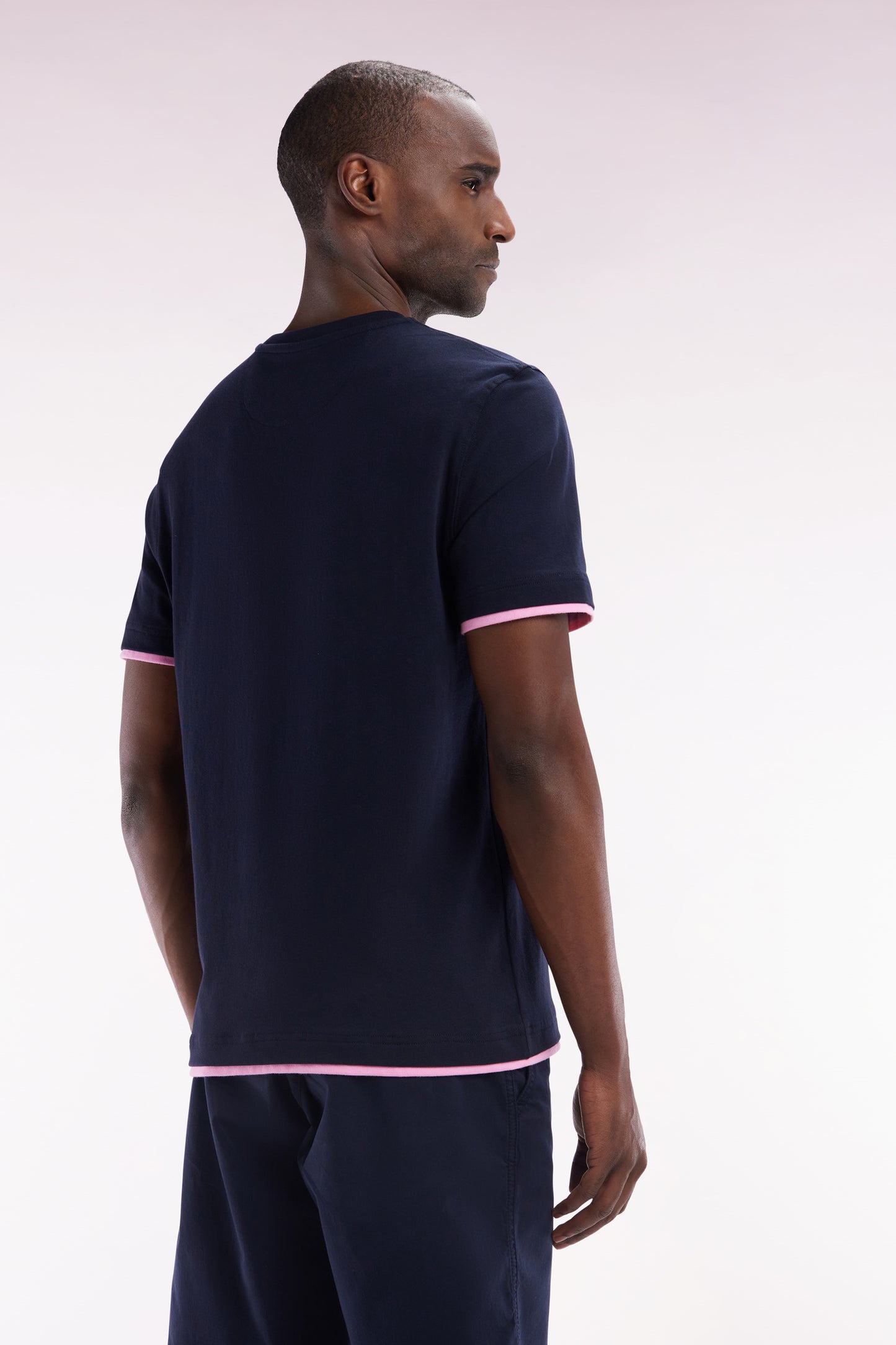 Straight-fit embroidered navy cotton T-shirt with a layering effect