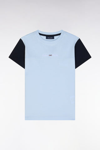 Straight-cut cotton T-shirt with navy blue sleeves