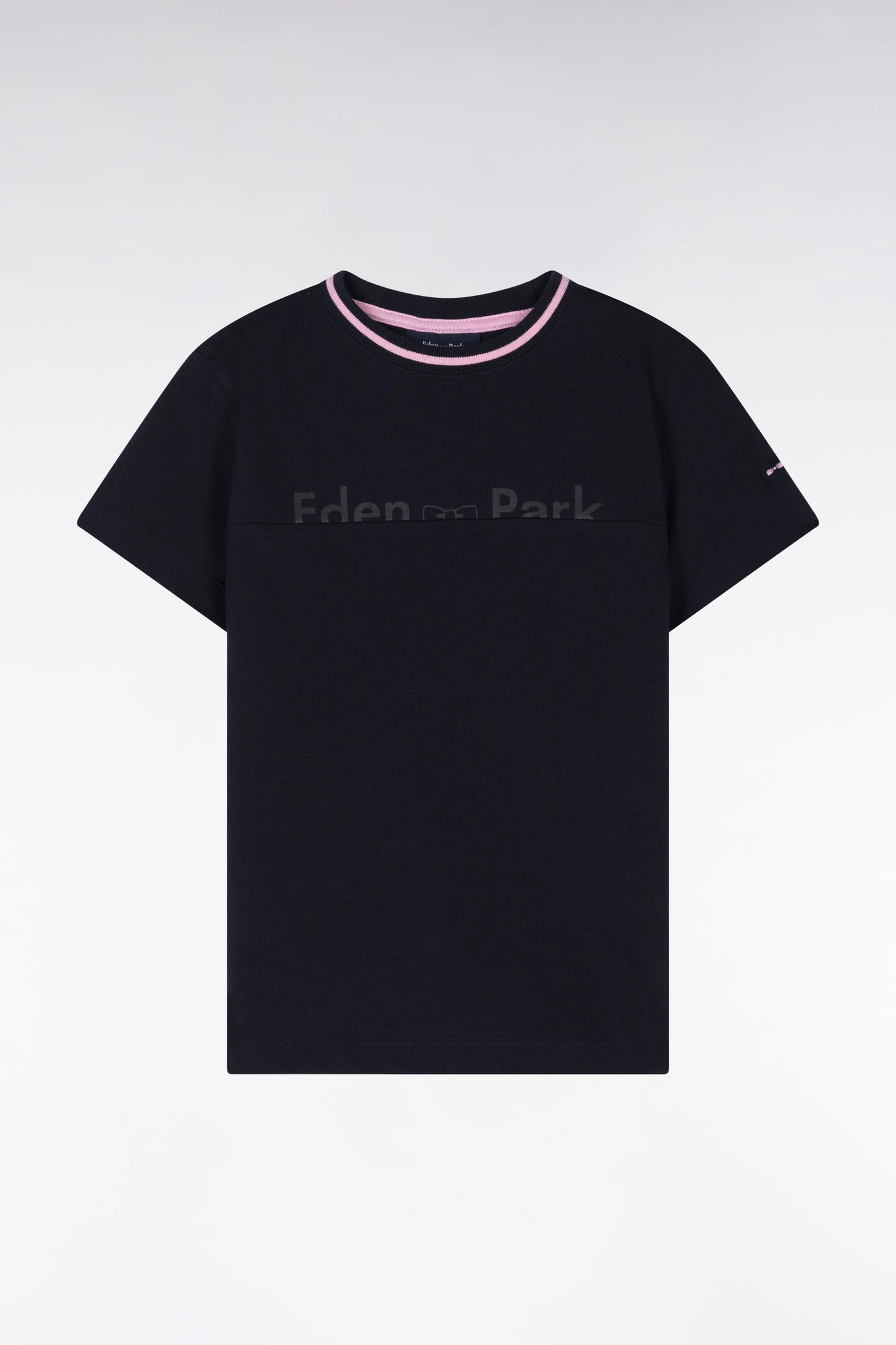 Navy cotton T-shirt with pink details, straight cut