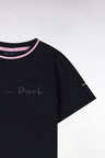 Navy cotton T-shirt with pink details, straight cut