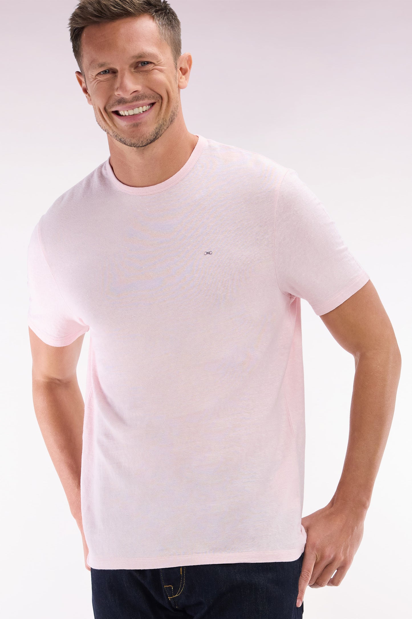 T-shirt uni en lin stretch rose coupe droite