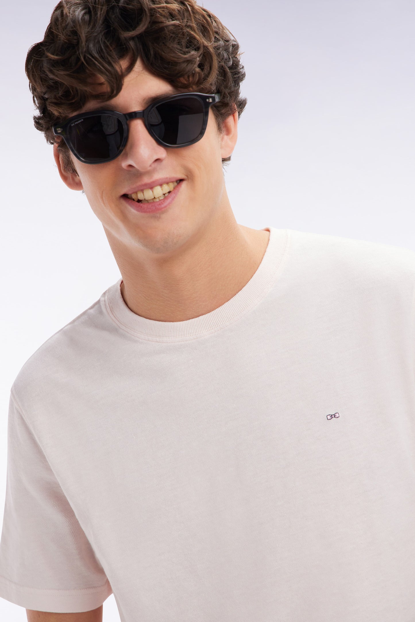 Straight-fit pink T-shirt in cotton and linen blend
