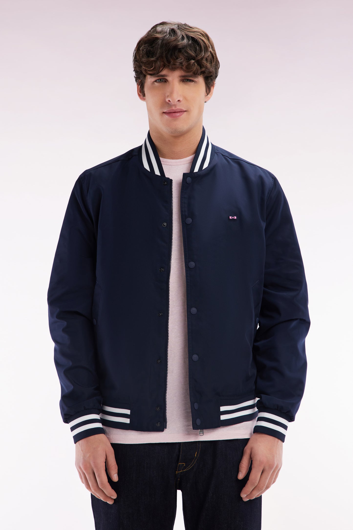 Teddy jacket in navy polyamide with striped ribbing