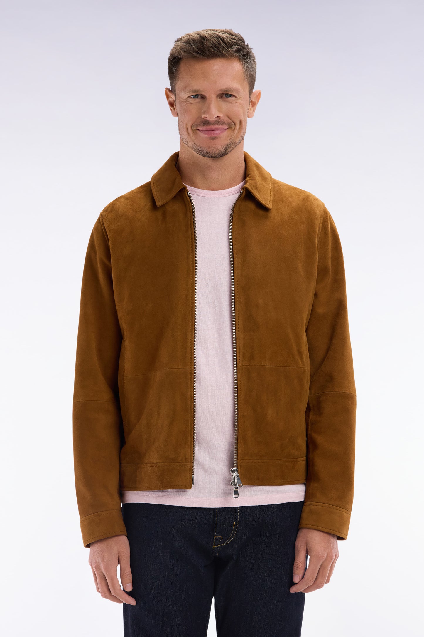 Blouson zippé en cuir suédé marron