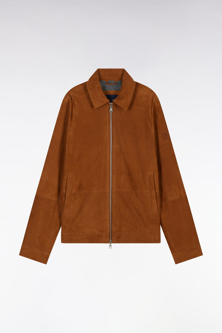 Blouson zippé en cuir suédé marron