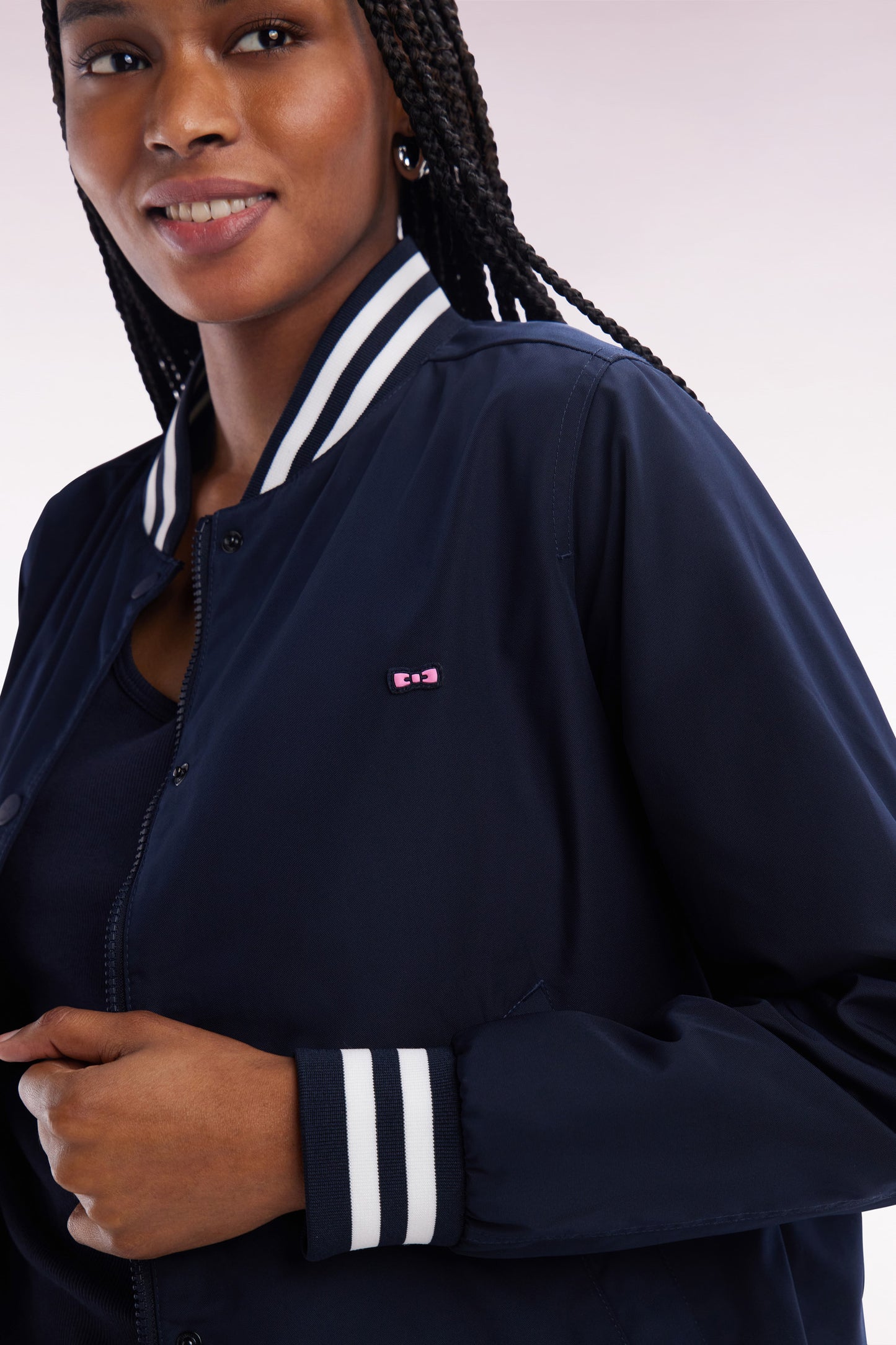Navy zipped teddy jacket with striped ribbed edges