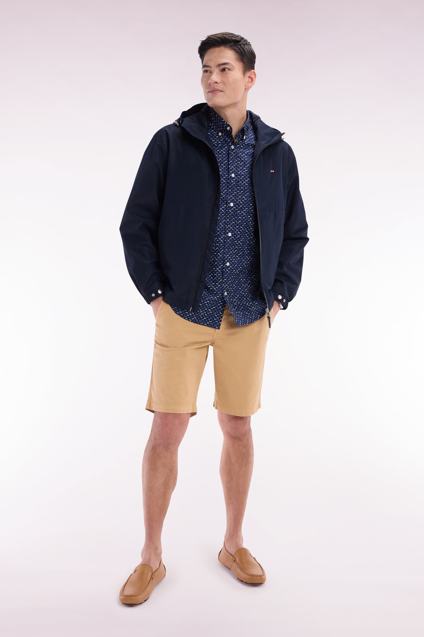 Soft Touch polyamide windproof jacket with navy hood