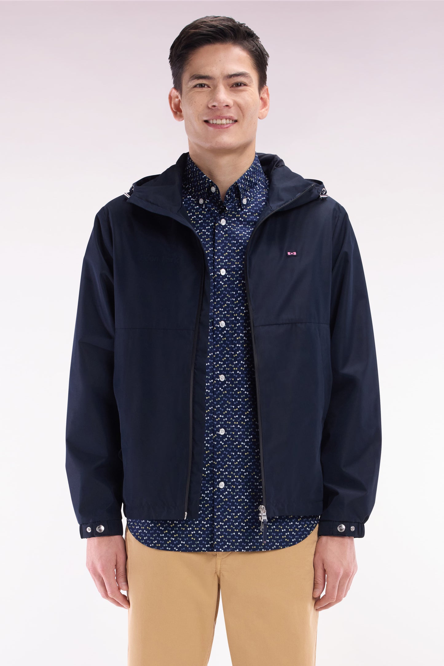 Soft Touch polyamide windproof jacket with navy hood
