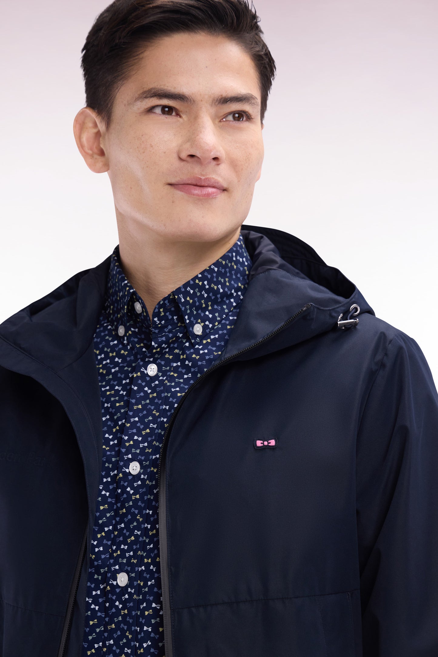Soft Touch polyamide windproof jacket with navy hood