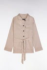 Oversized belted beige overshirt in linen and stretch cotton