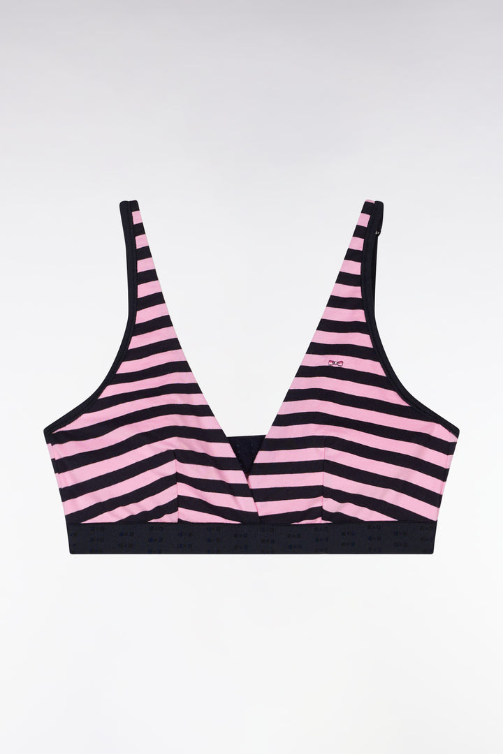 Soutien-gorge en coton stretch cerclé rose et marine élastique siglé