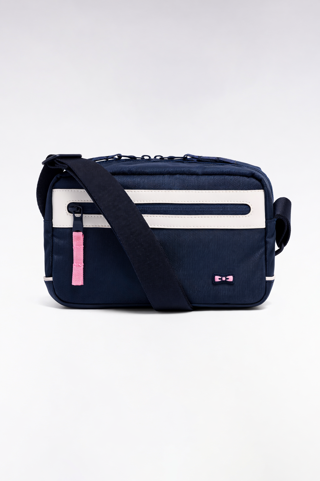 Horizontal navy colorblock dual-material satchel bag
