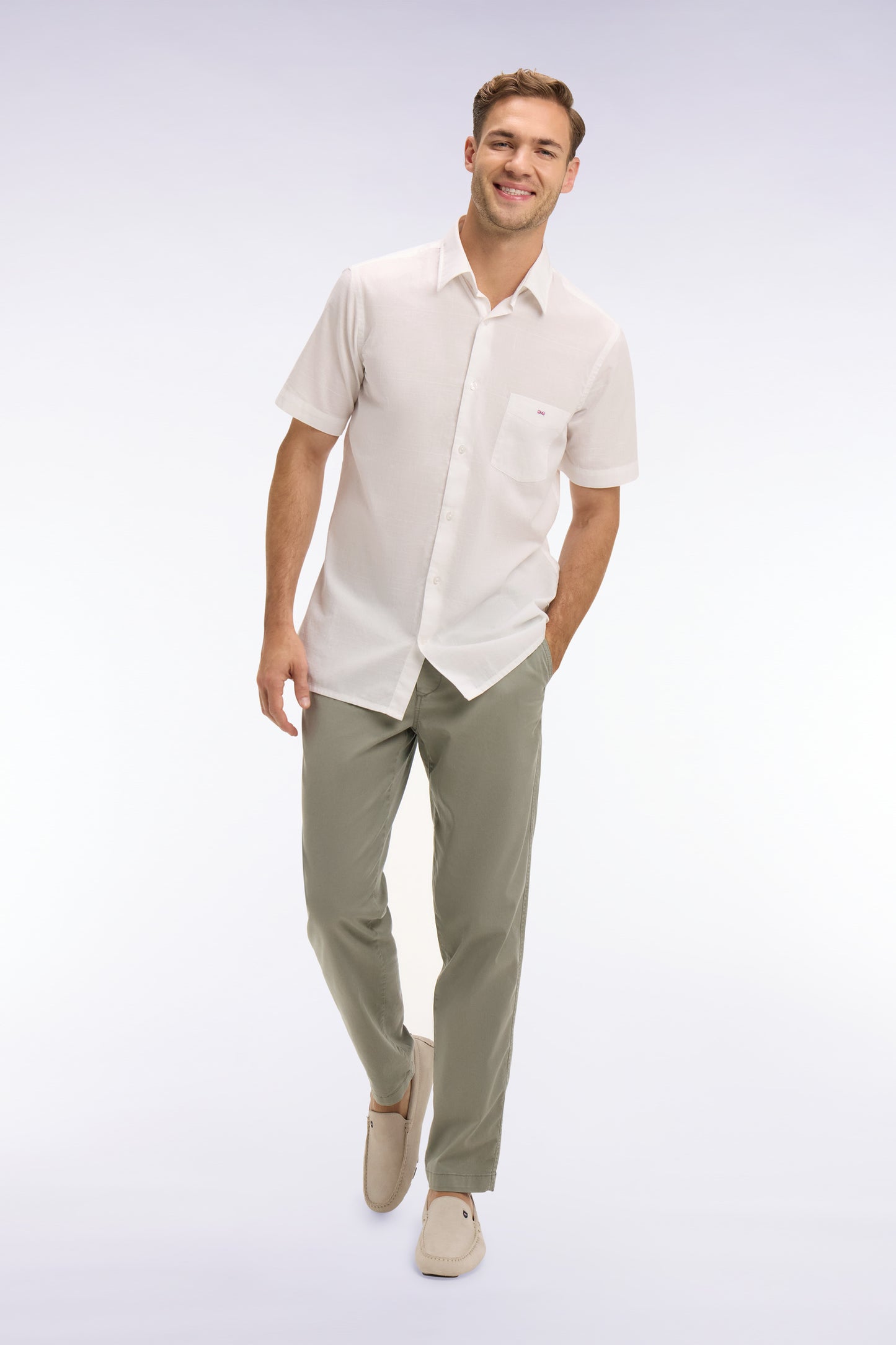 Pantalon chino taille élastique en coton et lyocell kaki