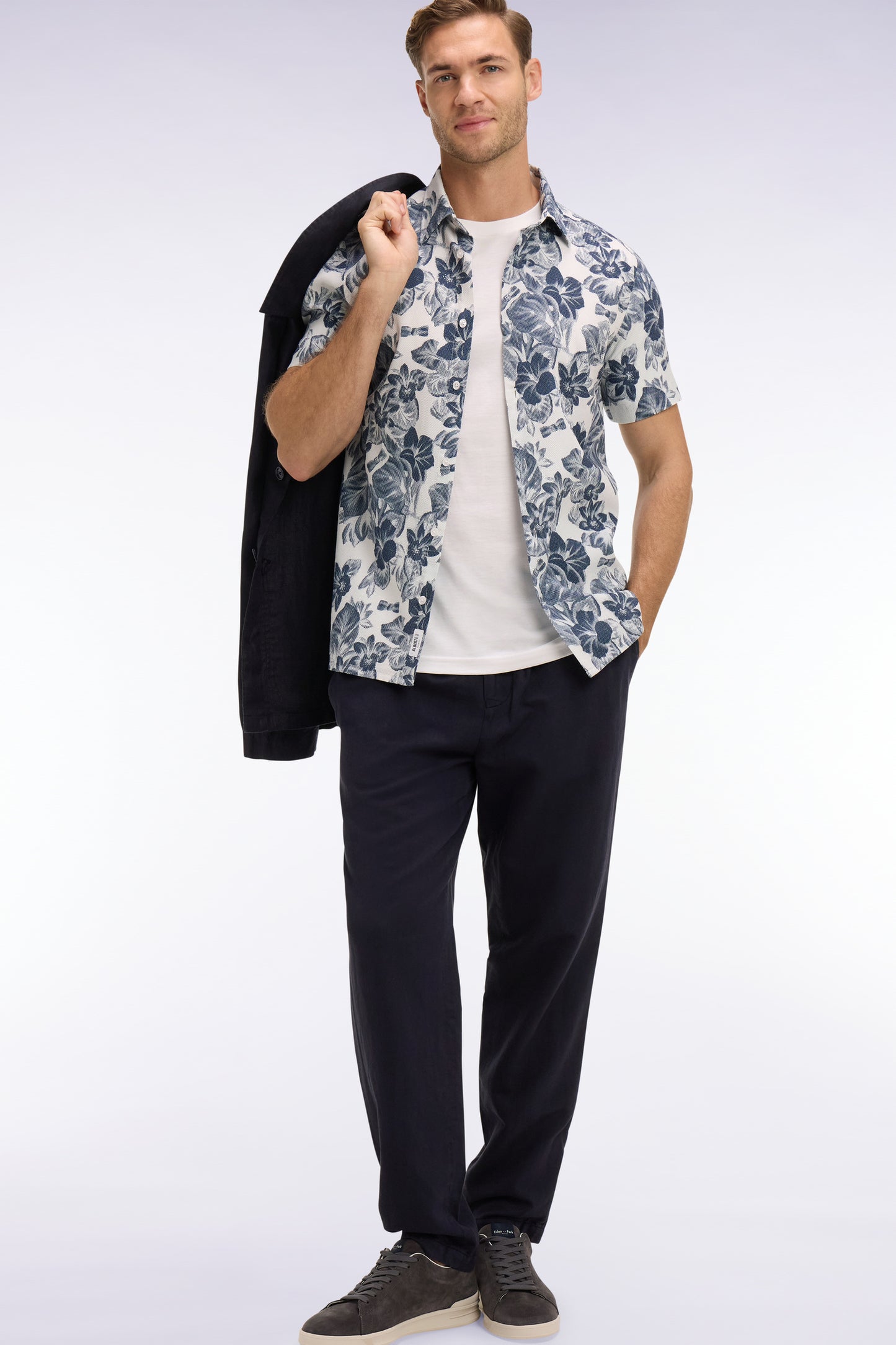 Pantalon en coton lin et lyocell marine coupe Modern