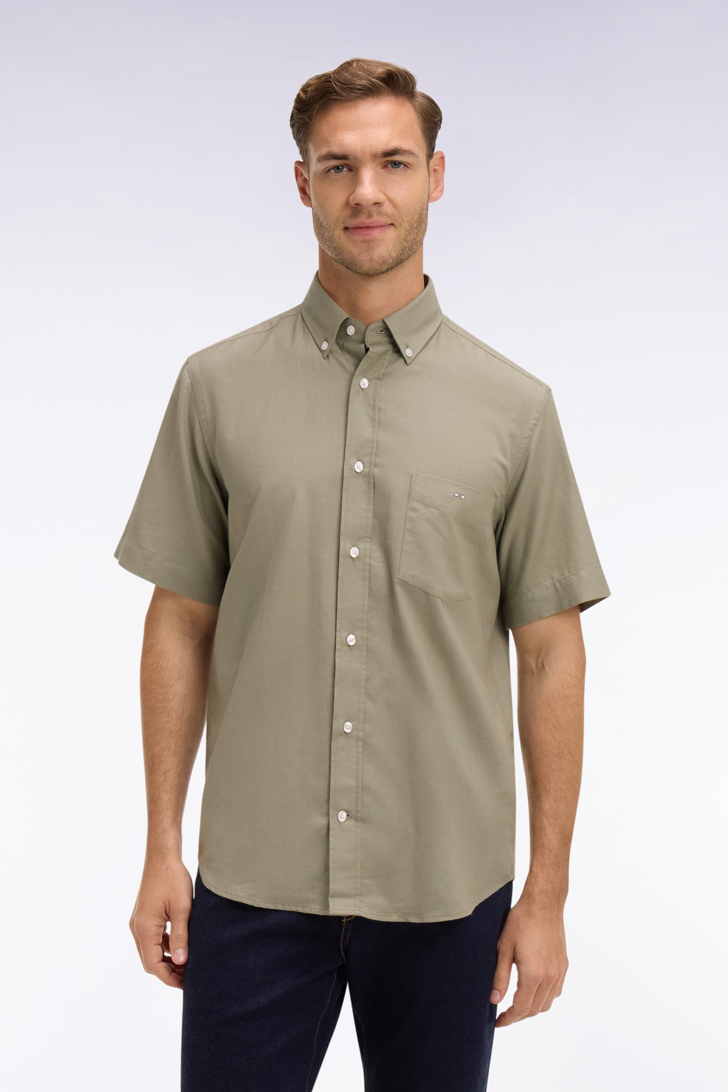 Short-sleeved khaki cotton piqué shirt