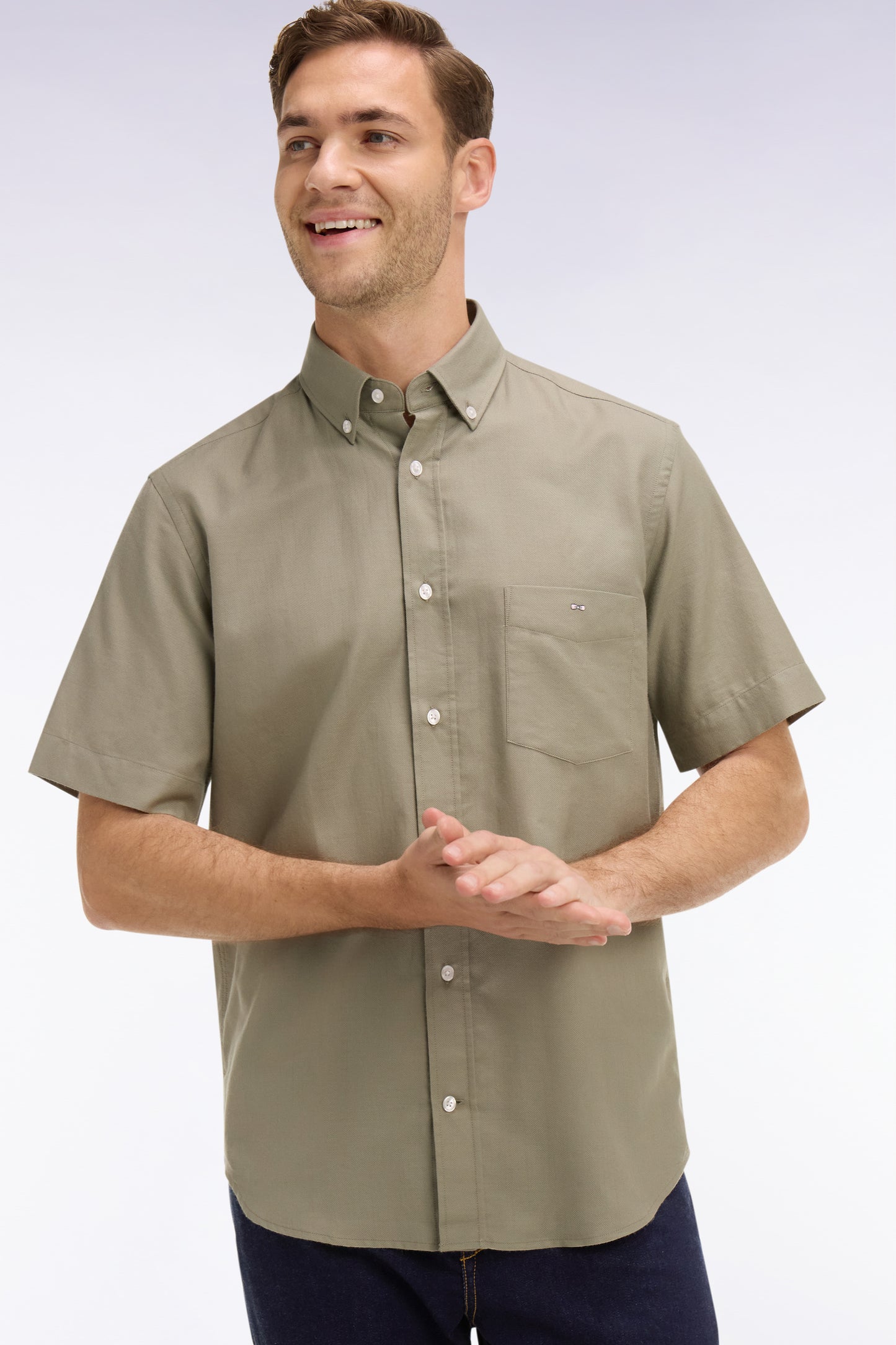 Short-sleeved khaki cotton piqué shirt