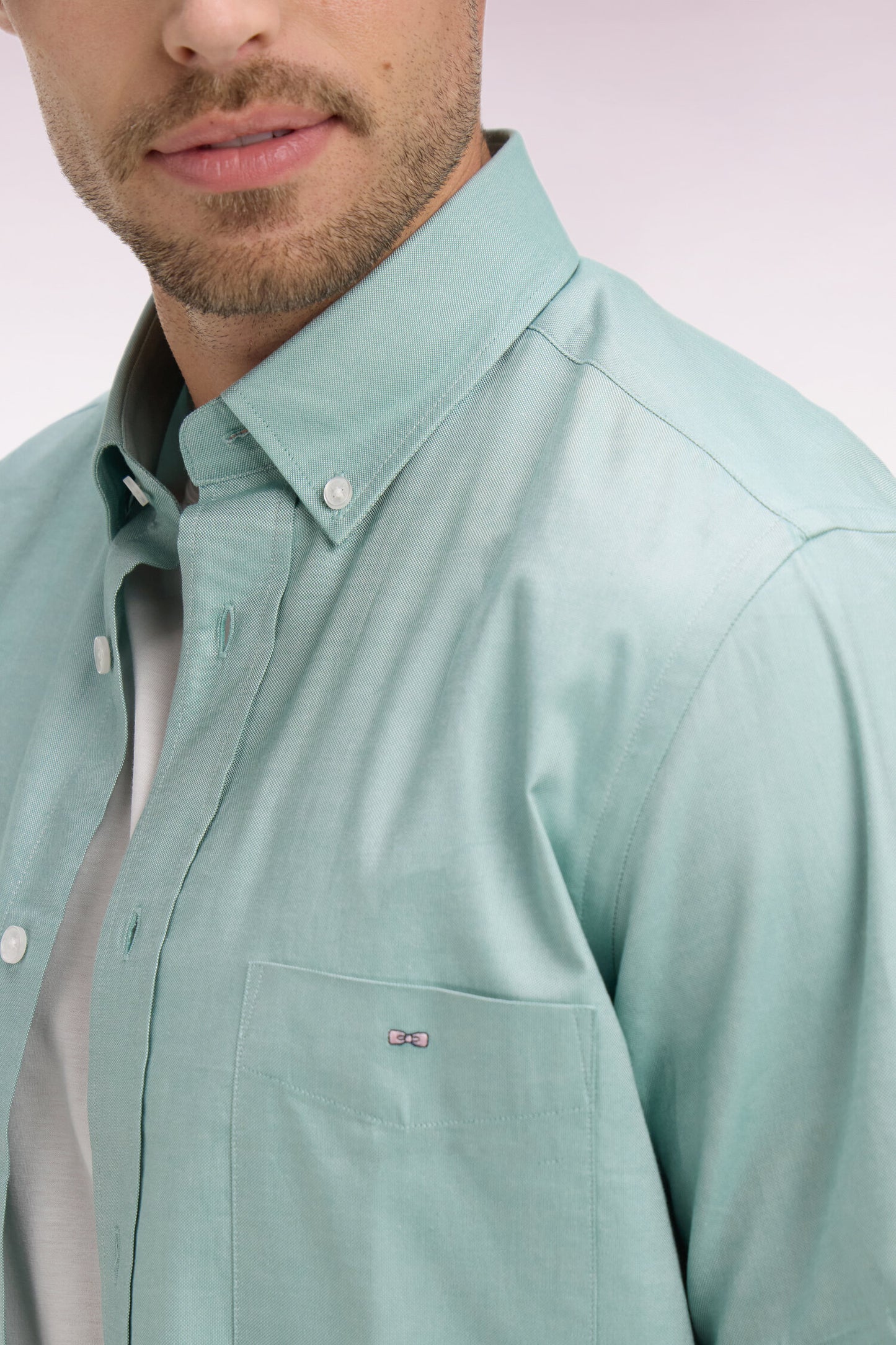 Chemise à manches courtes en coton fil teint vert d'eau