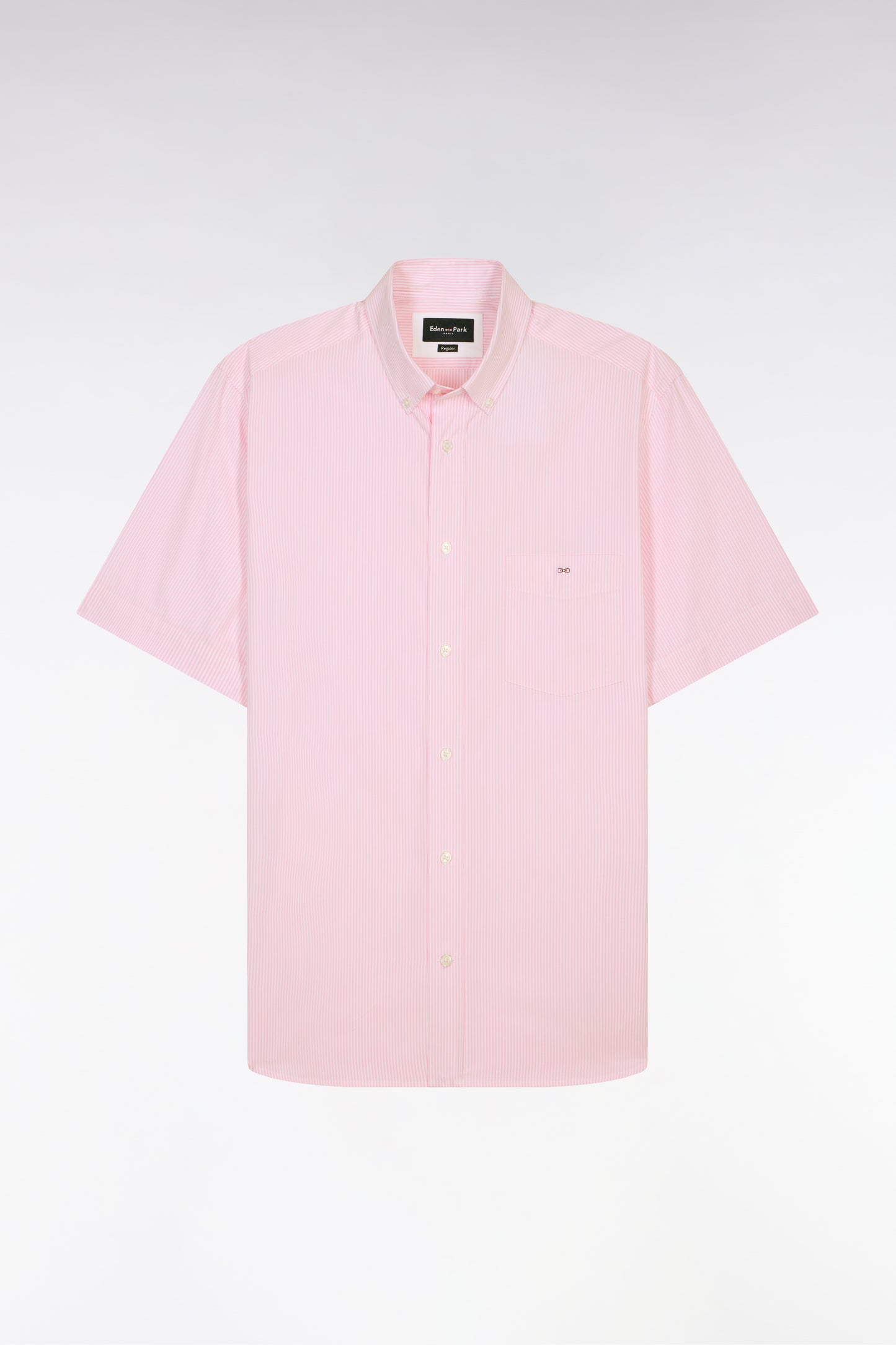 Short-sleeved cotton shirt with pink stick stripes