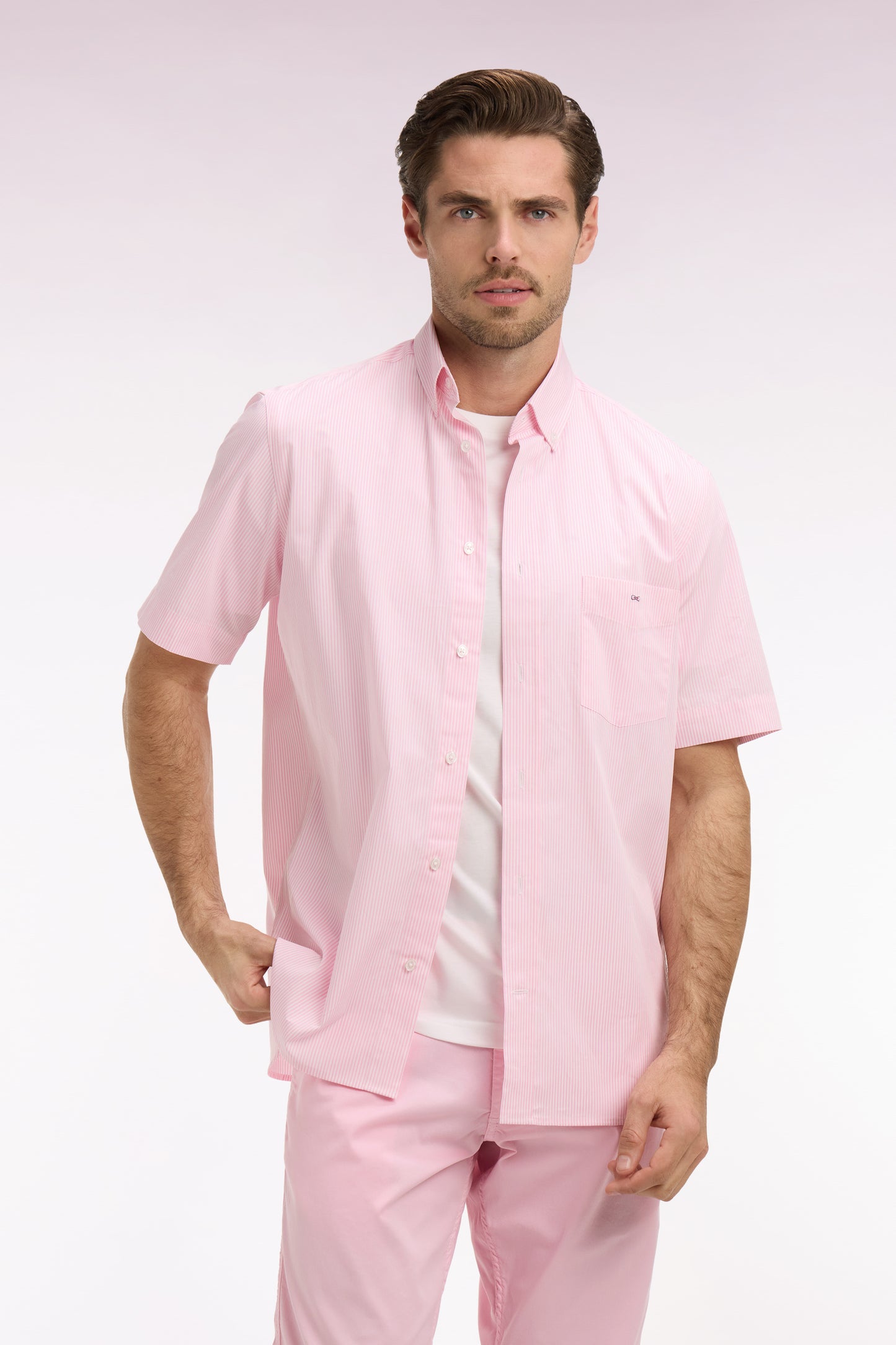 Short-sleeved cotton shirt with pink stick stripes