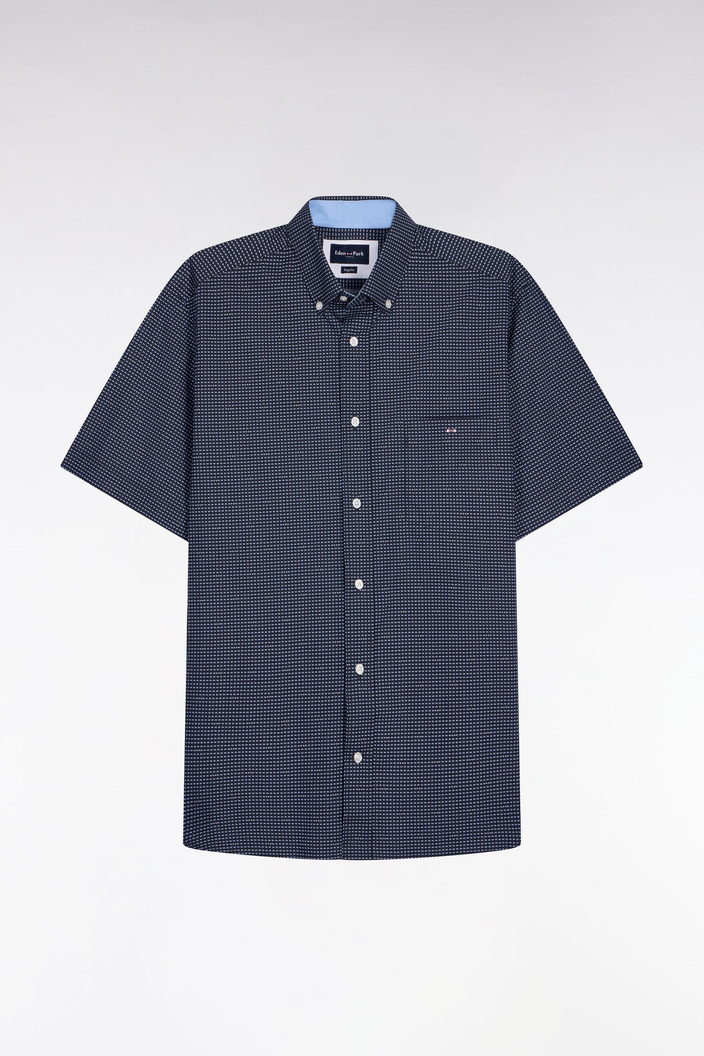 Short-sleeved navy cotton shirt with sky blue micro-patterns