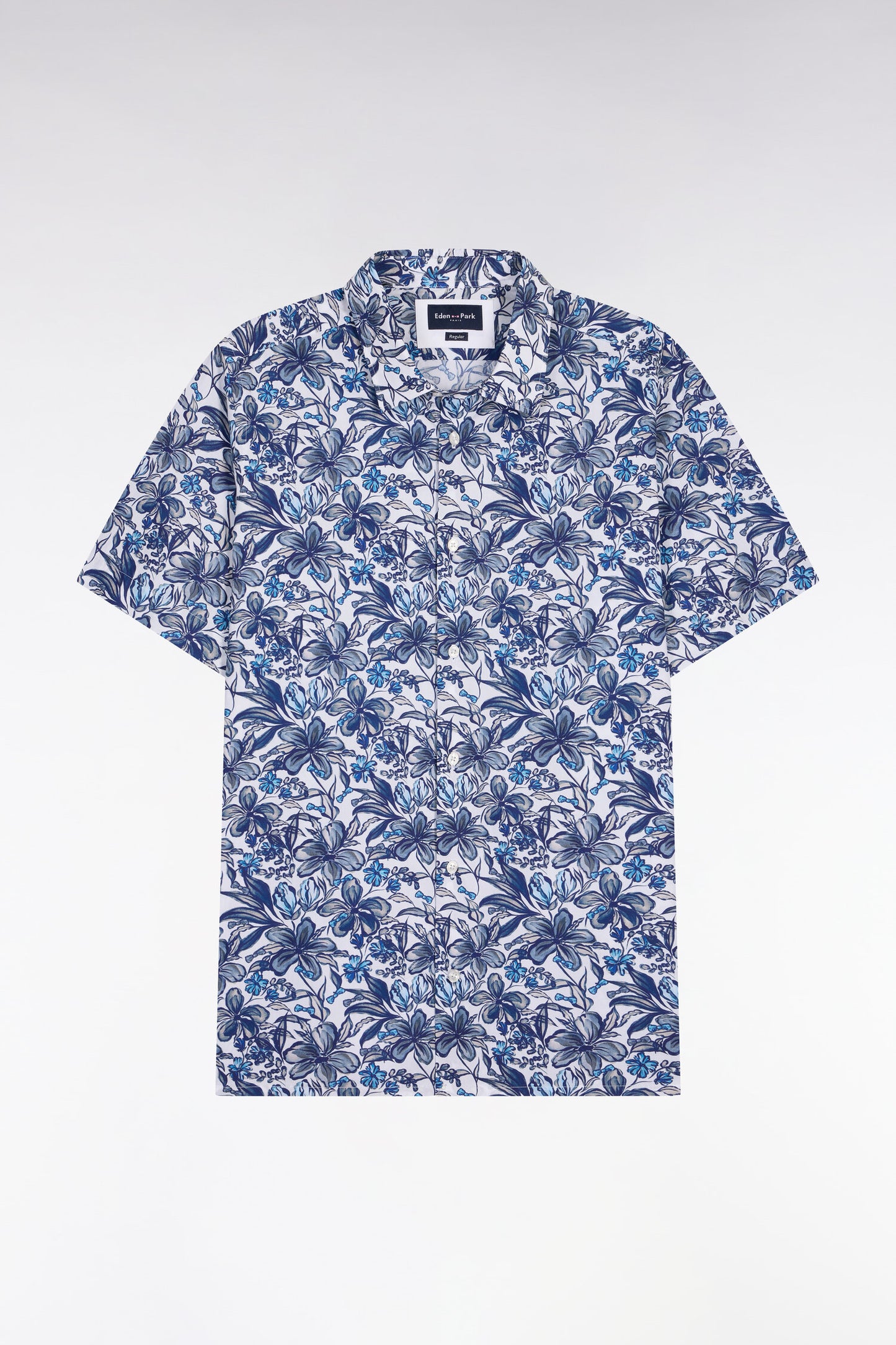Chemise à manches courtes en popeline de coton marine à motif floral