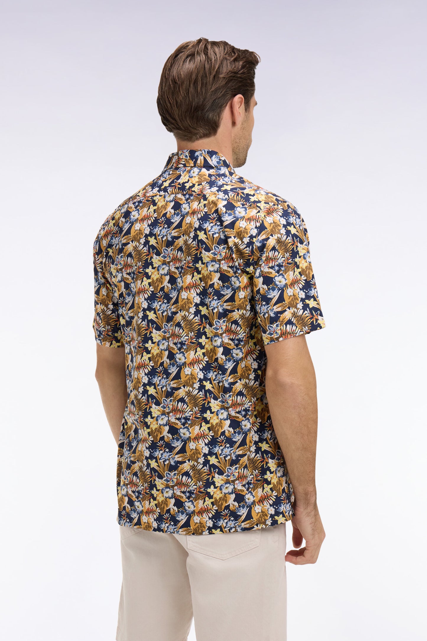 Chemise à manches courtes en popeline de coton à motif floral jaune