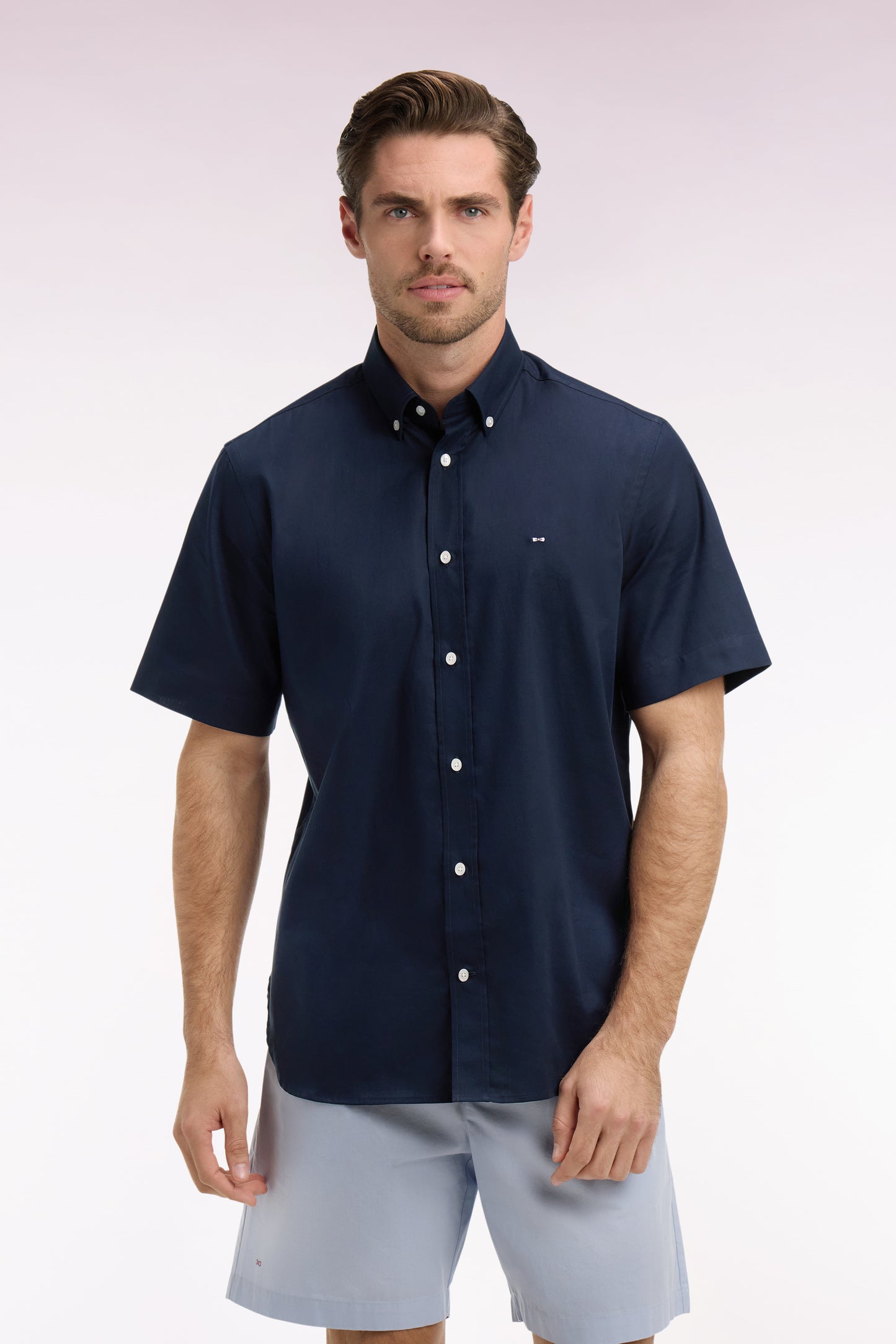 Chemise à manches courtes en coton marine broderie dos