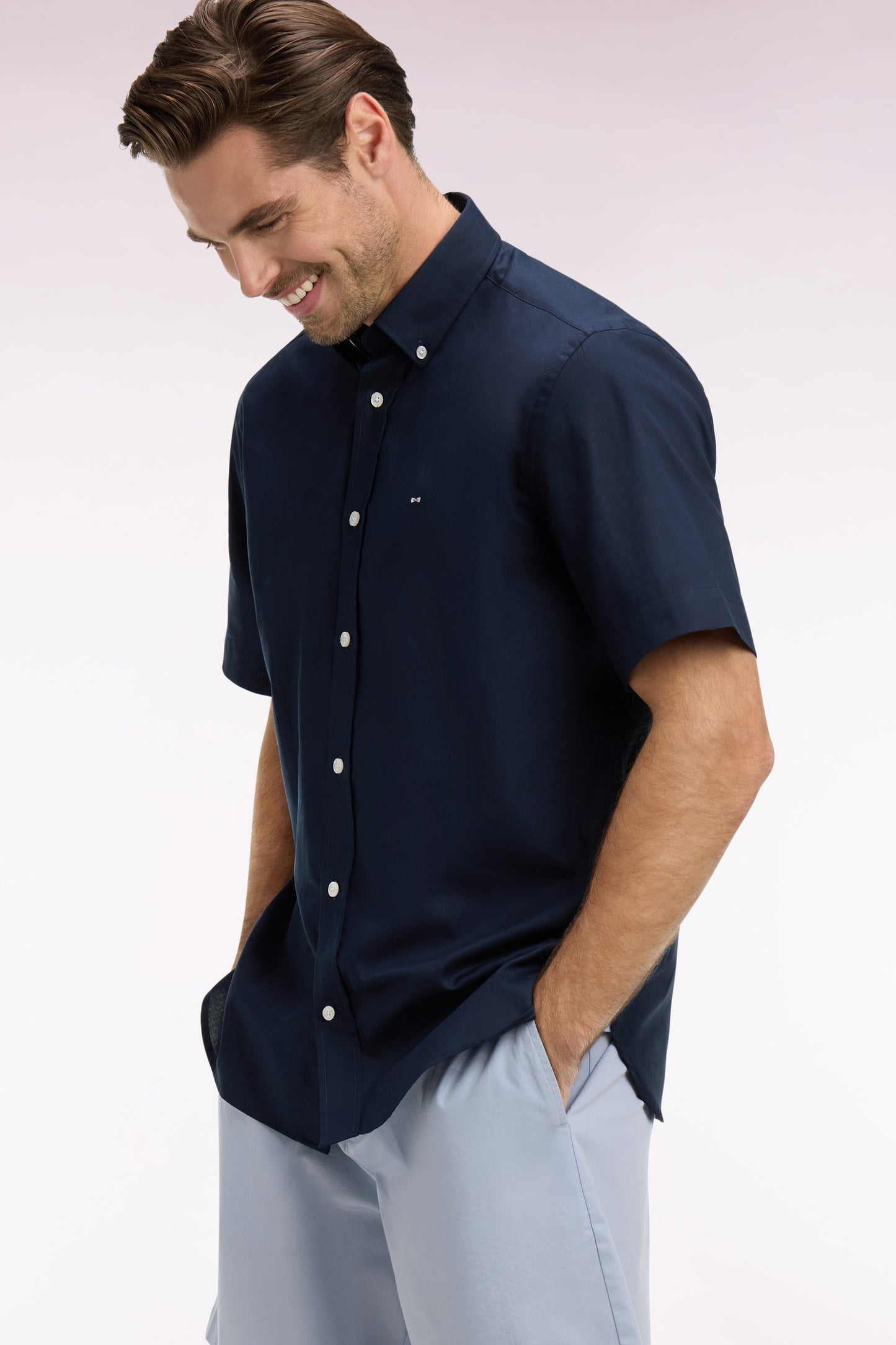 Chemise à manches courtes en coton marine broderie dos